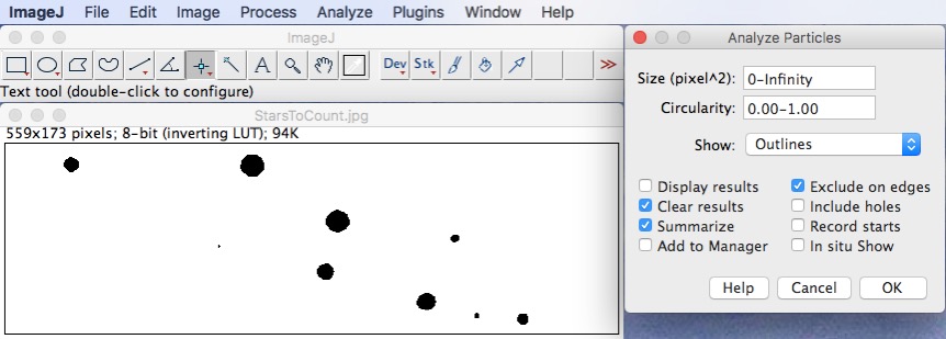 Screencap. Use analyze particles to count stars in a thresholded image in ImageJ.