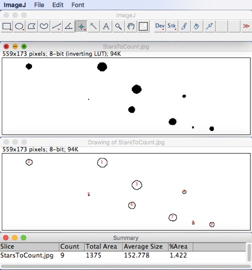 Screencap. Nine stars have been counted after thresholding.